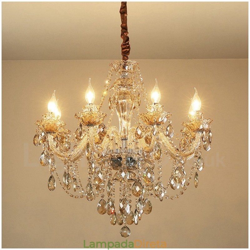 Lustre de cristal elegante com 8 luzes cor conhaque