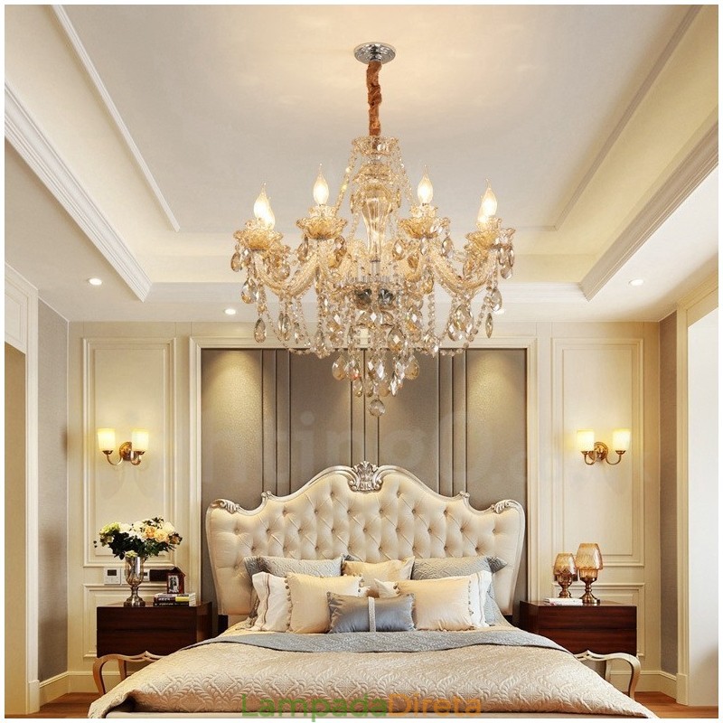 Lustre de cristal elegante com 8 luzes cor conhaque