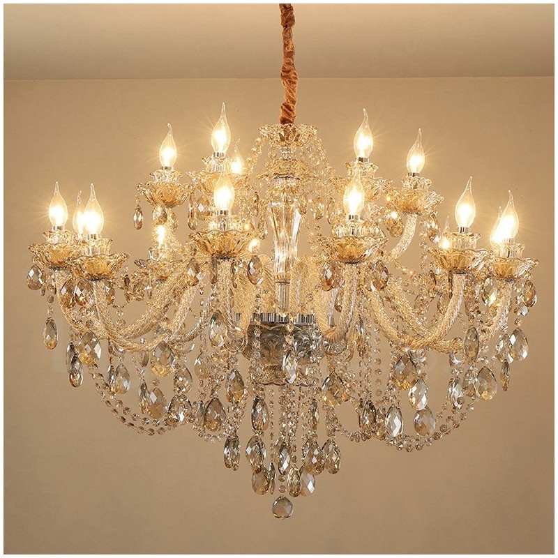 Lustre de cristal elegante com 18 (12+6) luzes cor conhaque