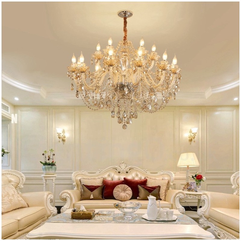 Lustre de cristal elegante com 18 (12+6) luzes cor conhaque