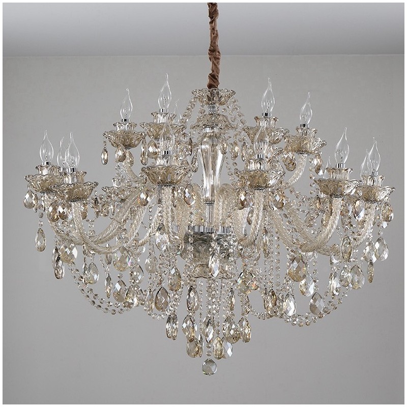 Lustre de cristal elegante com 18 (12+6) luzes cor conhaque