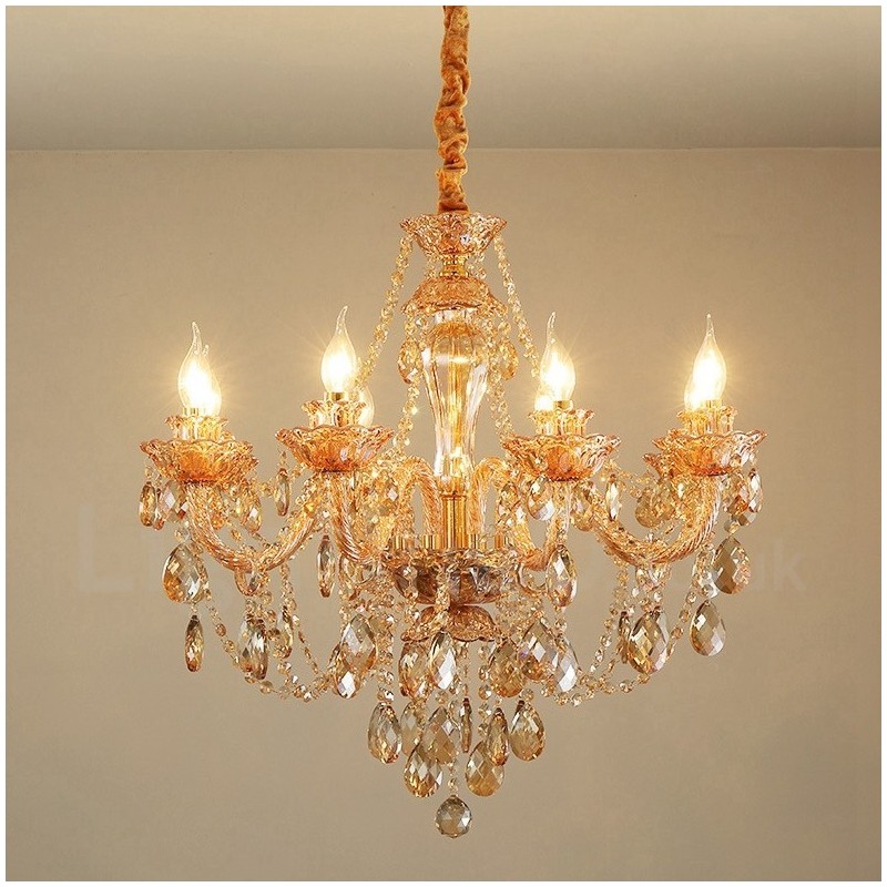 Lustre de cristal elegante com 8 luzes âmbar dourado