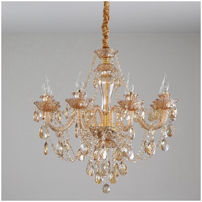 Lustre de cristal elegante com 8 luzes âmbar dourado