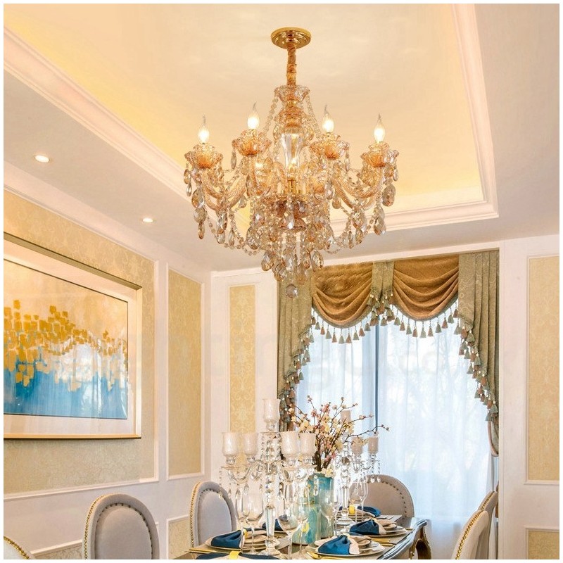 Lustre de cristal elegante com 8 luzes âmbar dourado