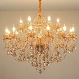 Lustre de cristal elegante com 18 (12+6) luzes âmbar dourado