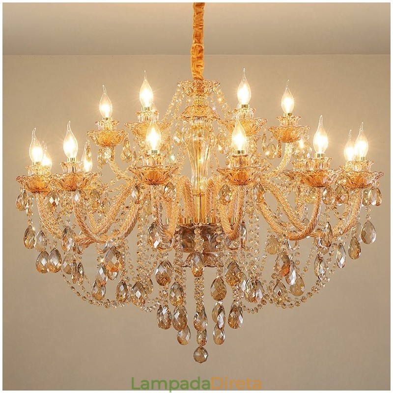 Lustre de cristal elegante com 18 (12+6) luzes âmbar dourado
