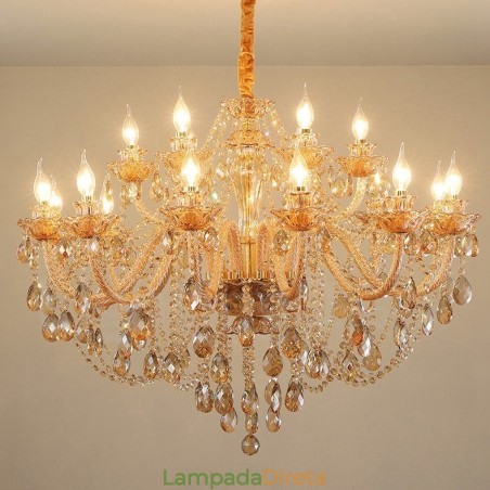 Lustre de cristal elegante com 18 (12+6) luzes âmbar dourado Lustre de cristal elegante com 18 (12+6) luzes âmbar dourado