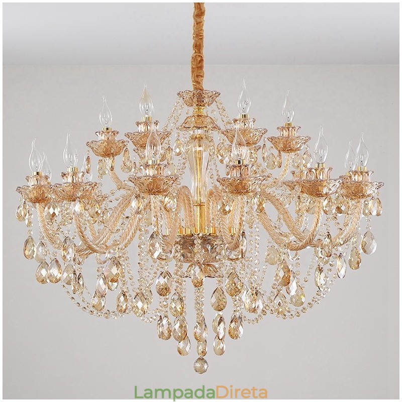 Lustre de cristal elegante com 18 (12+6) luzes âmbar dourado