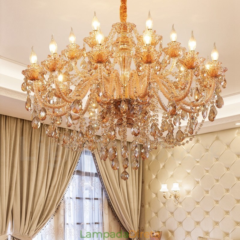 Lustre de cristal elegante com 18 (12+6) luzes âmbar dourado