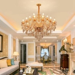 Lustre de cristal elegante com 18 (12+6) luzes âmbar dourado
