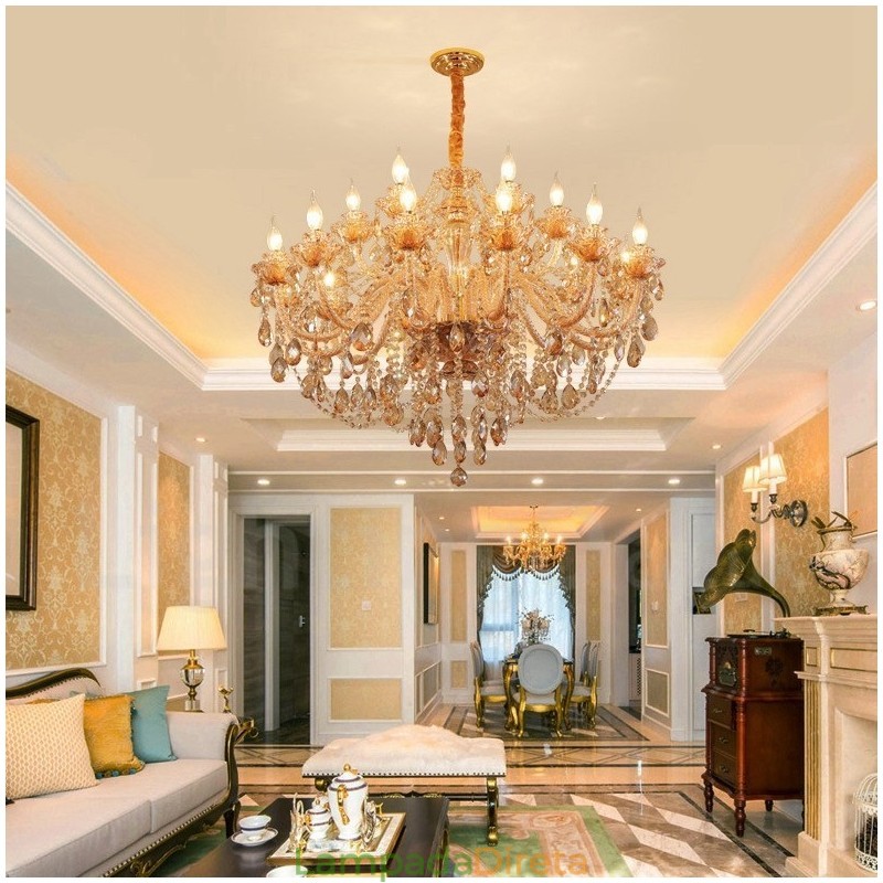 Lustre de cristal elegante com 18 (12+6) luzes âmbar dourado