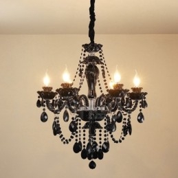Lustre de cristal elegante preto com 6 luzes e vela