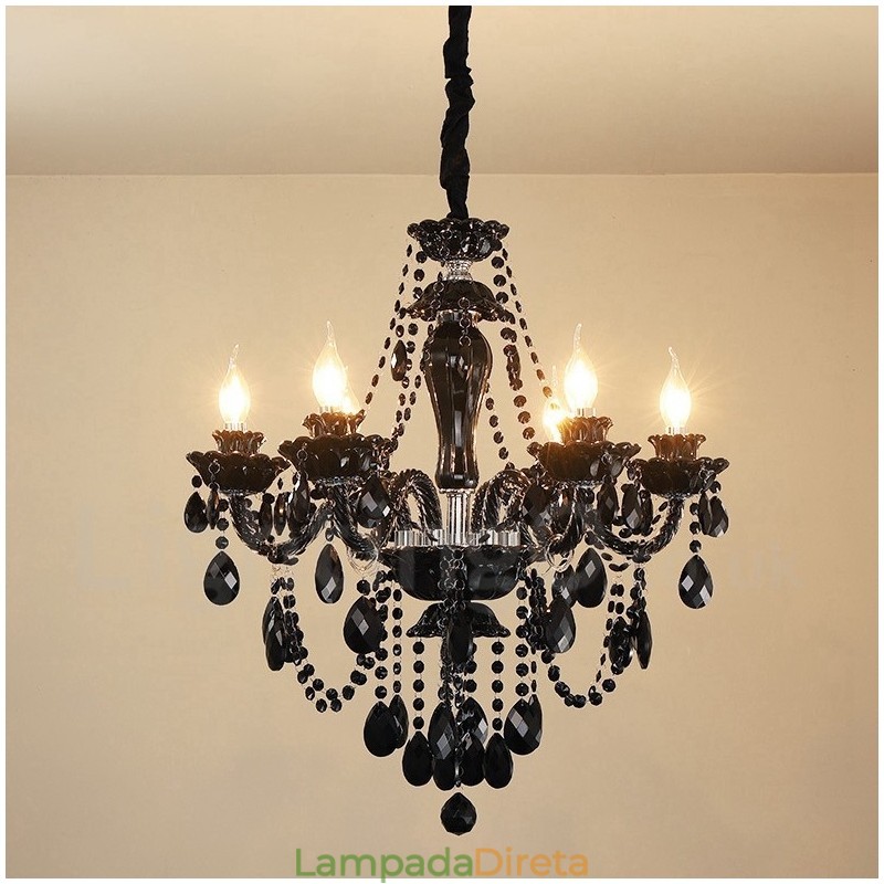 Lustre de cristal elegante preto com 6 luzes e vela