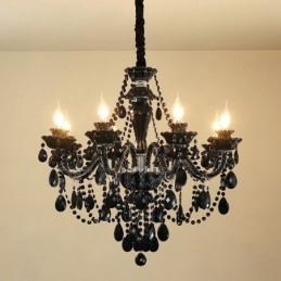 Lustre de cristal elegante preto com 8 luzes e vela