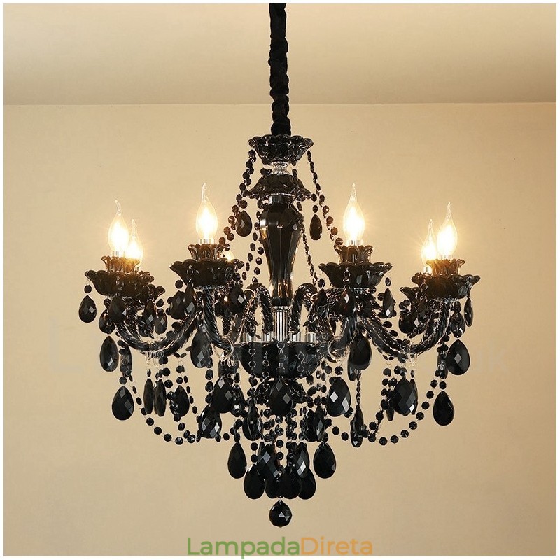 Lustre de cristal elegante preto com 8 luzes e vela