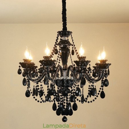 Lustre de cristal elegante preto com 8 luzes e vela Lustre de cristal elegante preto com 8 luzes e vela
