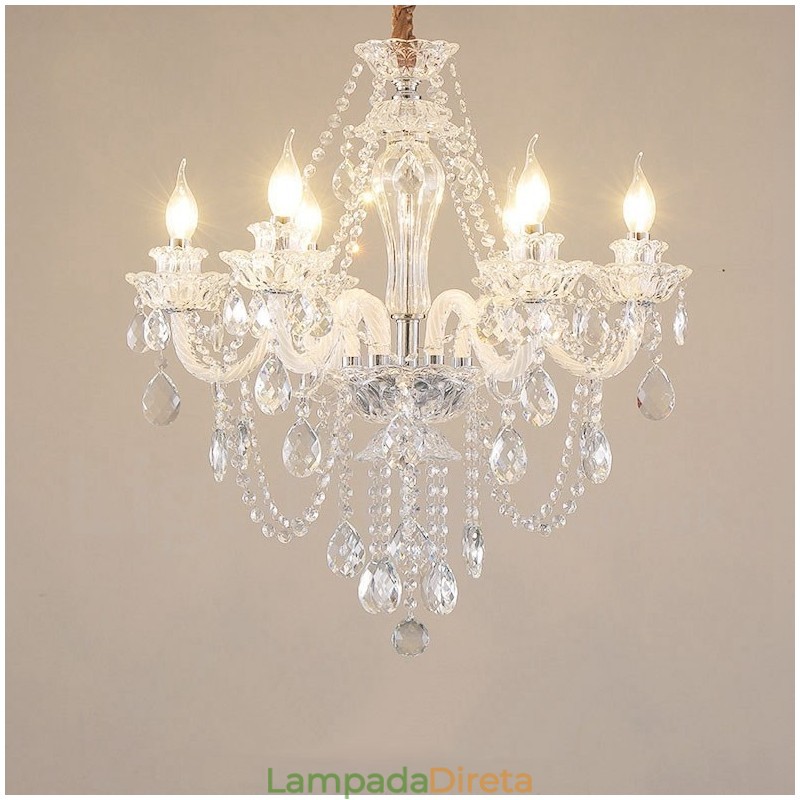Lustre de cristal transparente com 6 luzes, design especial e braços brancos
