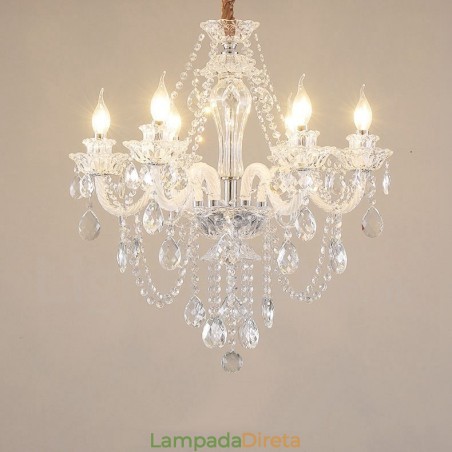 Lustre de cristal transparente com 6 luzes, design especial e braços brancos Lustre de cristal transparente com 6 luzes, design especial e braços brancos