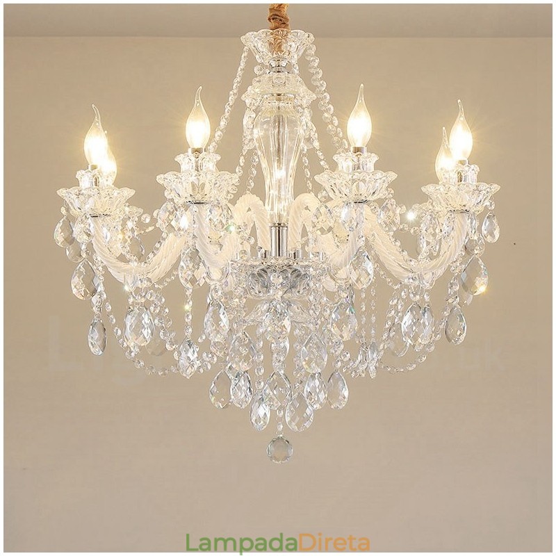 Lustre de braço branco com vela de cristal transparente de 8 luzes
