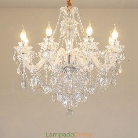 Lustre de braço branco com vela de cristal transparente de 8 luzes Lustre de braço branco com vela de cristal transparente de 8 luzes