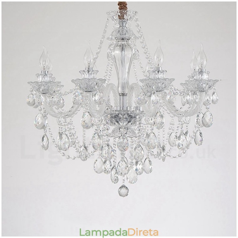 Lustre de braço branco com vela de cristal transparente de 8 luzes