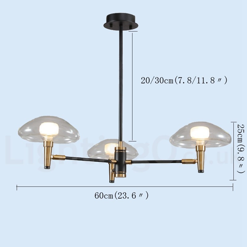 Lustre de 3 luzes estilo mini uplight com acabamento pintado galvanizado e cúpulas de vidro