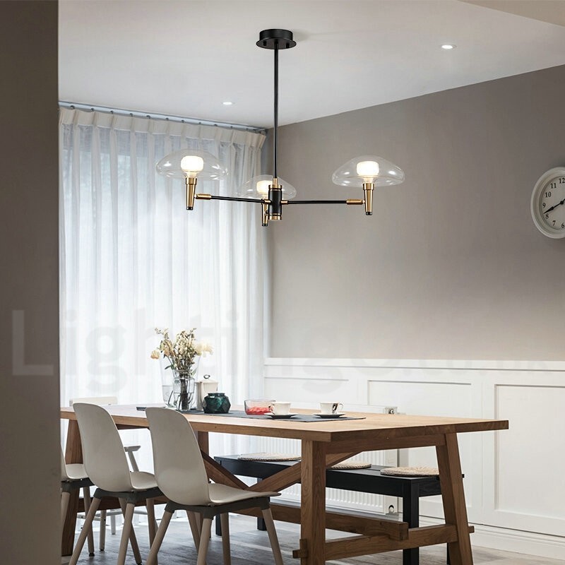 Lustre de 3 luzes estilo mini uplight com acabamento pintado galvanizado e cúpulas de vidro