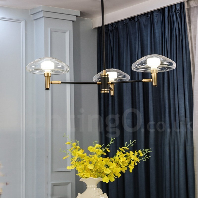 Lustre de 3 luzes estilo mini uplight com acabamento pintado galvanizado e cúpulas de vidro