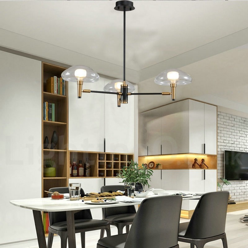 Lustre de 3 luzes estilo mini uplight com acabamento pintado galvanizado e cúpulas de vidro