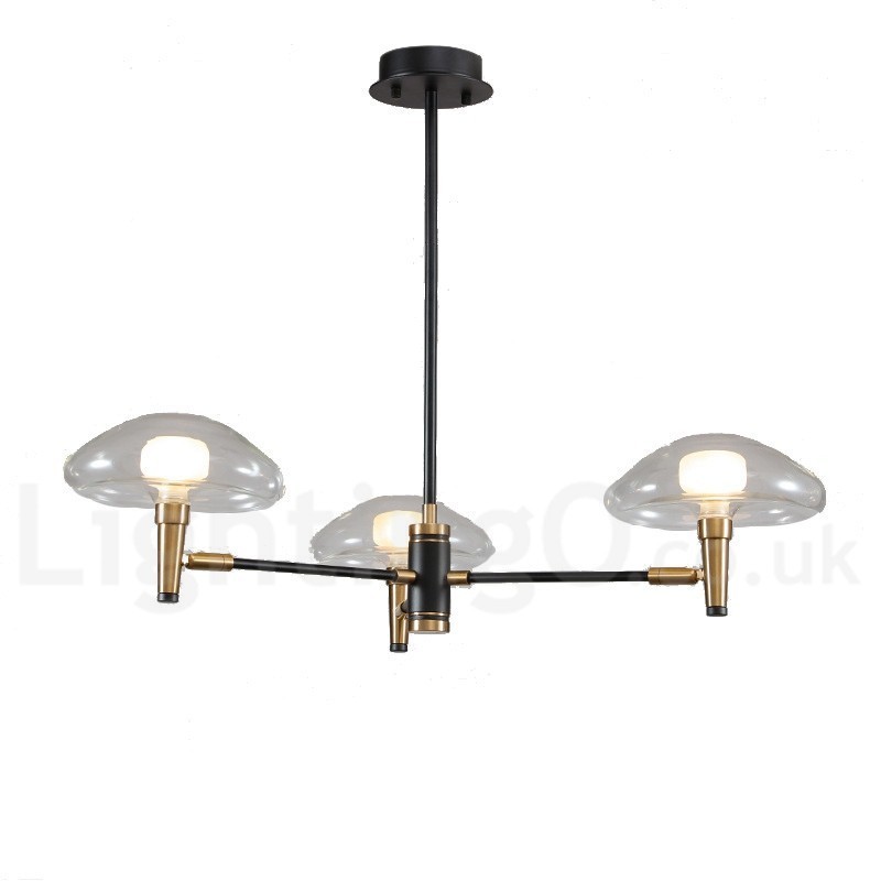 Lustre de 3 luzes estilo mini uplight com acabamento pintado galvanizado e cúpulas de vidro