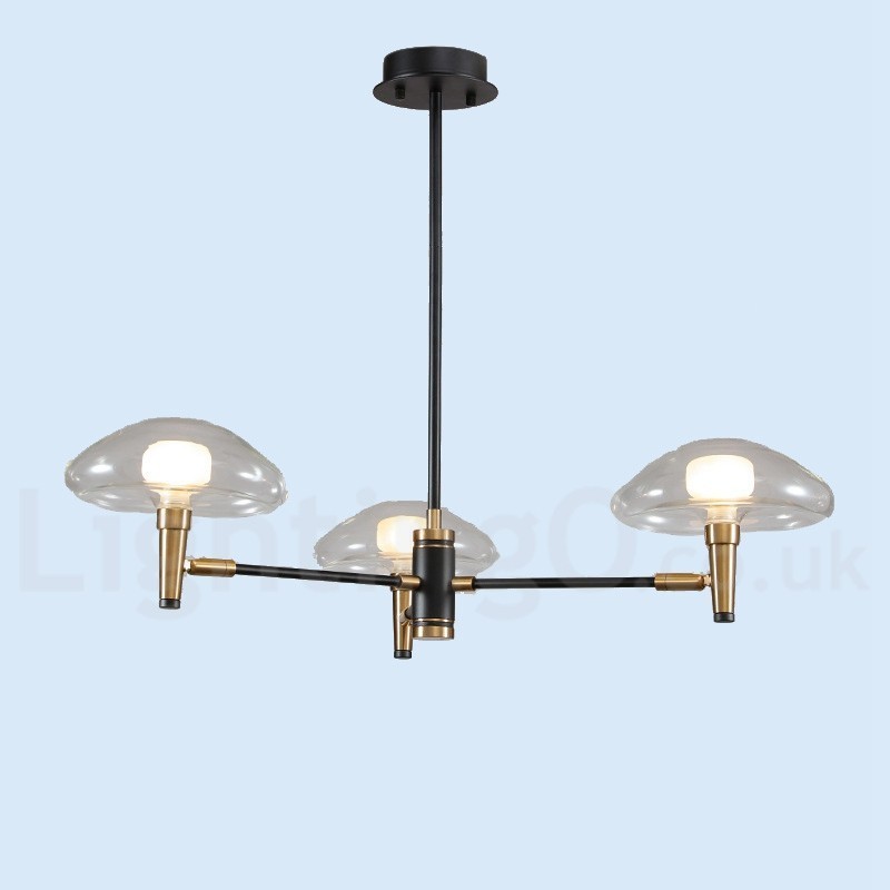 Lustre de 3 luzes estilo mini uplight com acabamento pintado galvanizado e cúpulas de vidro