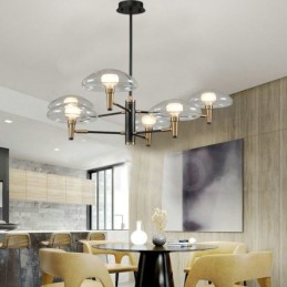 Lustre de 6 luzes com acabamento pintado galvanizado e cúpulas de vidro
