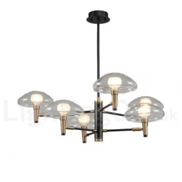 Lustre de 6 luzes com acabamento pintado galvanizado e cúpulas de vidro