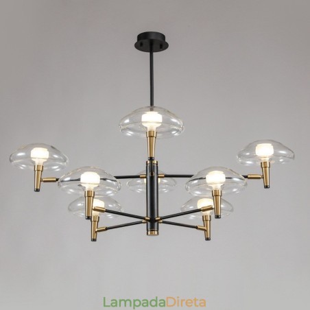 Lustre de 8 luzes com acabamento pintado galvanizado e cúpulas de vidro Lustre de 8 luzes com acabamento pintado galvanizado e cúpulas de vidro