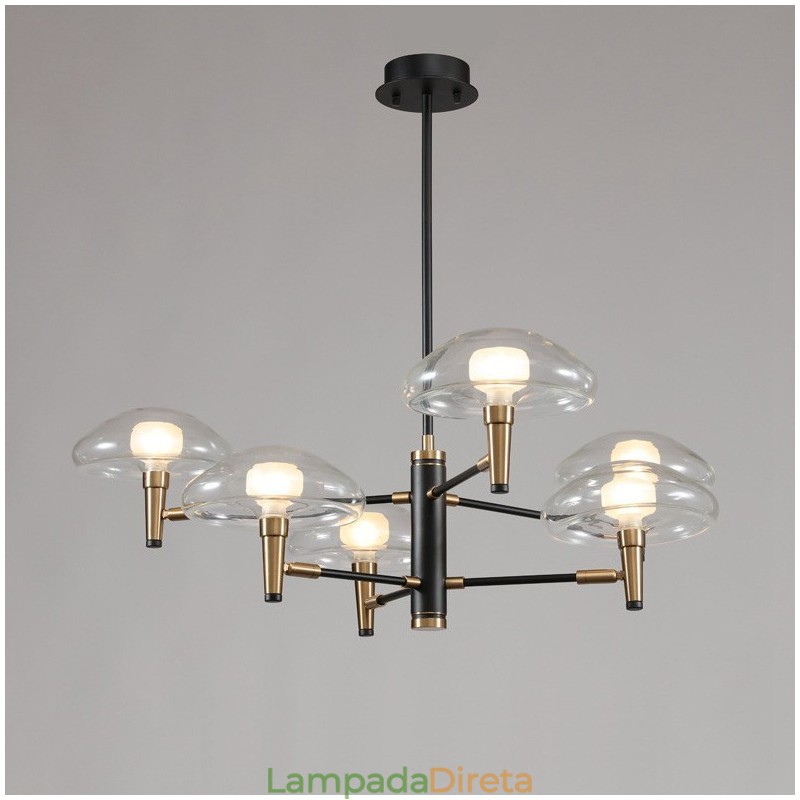 Lustre de 8 luzes com acabamento pintado galvanizado e cúpulas de vidro