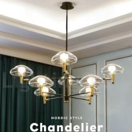 Lustre de 8 luzes com acabamento pintado galvanizado e cúpulas de vidro