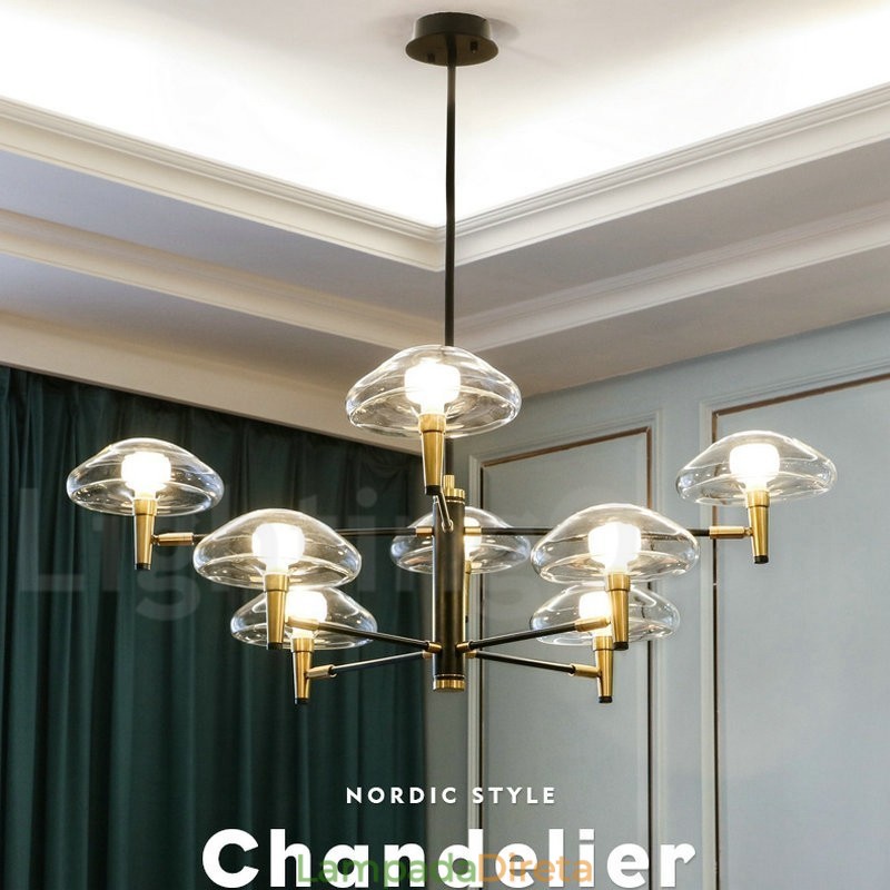 Lustre de 8 luzes com acabamento pintado galvanizado e cúpulas de vidro