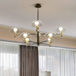 Lustre de 8 luzes com acabamento pintado galvanizado e cúpulas de vidro