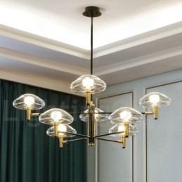 Lustre de 8 luzes com acabamento pintado galvanizado e cúpulas de vidro