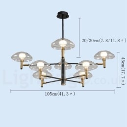 Lustre de 8 luzes com acabamento pintado galvanizado e cúpulas de vidro
