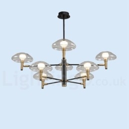 Lustre de 8 luzes com acabamento pintado galvanizado e cúpulas de vidro