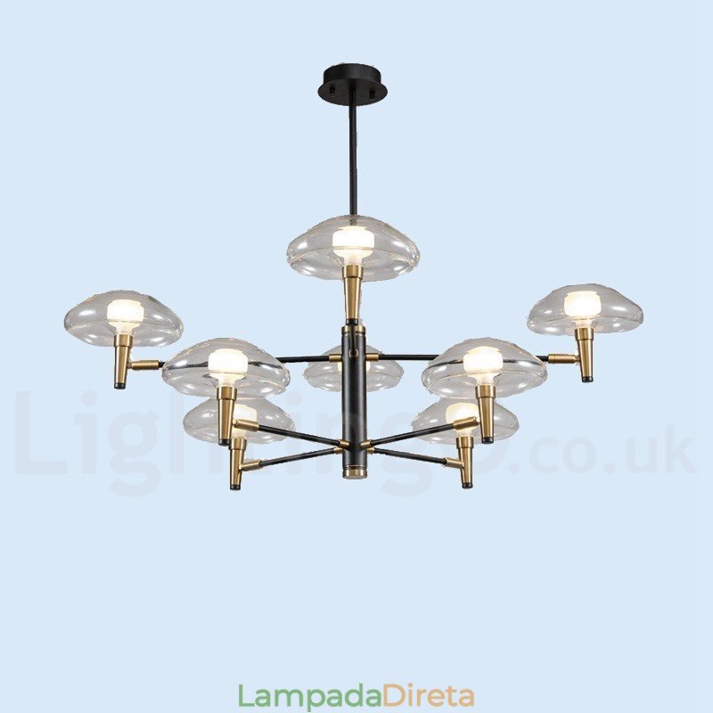 Lustre de 8 luzes com acabamento pintado galvanizado e cúpulas de vidro