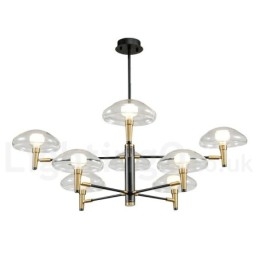 Lustre de 8 luzes com acabamento pintado galvanizado e cúpulas de vidro