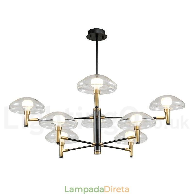 Lustre de 8 luzes com acabamento pintado galvanizado e cúpulas de vidro