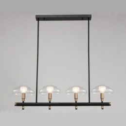 Lustre de 4 luzes lineares com acabamento pintado galvanizado e cúpulas de vidro