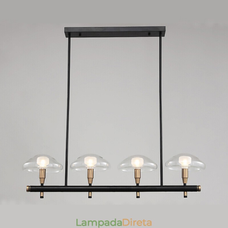 Lustre de 4 luzes lineares com acabamento pintado galvanizado e cúpulas de vidro