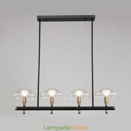 Lustre de 4 luzes lineares com acabamento pintado galvanizado e cúpulas de vidro Lustre de 4 luzes lineares com acabamento pintado galvanizado e cúpulas de vidro