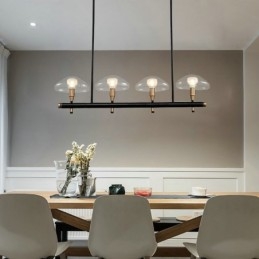 Lustre de 4 luzes lineares com acabamento pintado galvanizado e cúpulas de vidro