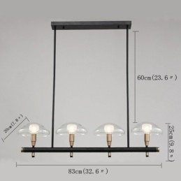 Lustre de 4 luzes lineares com acabamento pintado galvanizado e cúpulas de vidro