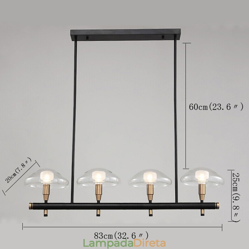 Lustre de 4 luzes lineares com acabamento pintado galvanizado e cúpulas de vidro